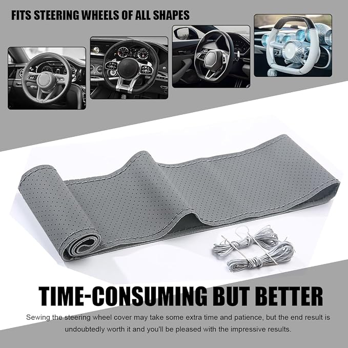 Wevdn Genuine Leather Steering Wheel Cover, Stitch on Wrap, DIY Sewing Steering Wheel Protector, 15 Inch Breathable Non-Slip Steering Wheel Protector, Car Accessories (Gray, Full Hole)