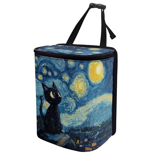 Talayituse Cat Starry Night Print Car Trash Can with Lid, Leak Proof Auto Trash Bag Hanging Vehicle Garbage Can Multipurpose Storage Container for Back Seat Road Trip