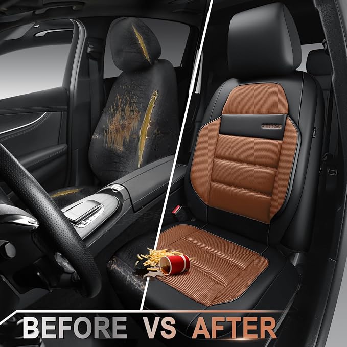 CAR PASS Memory Foam Seat Covers Front, Airy Cool Mesh Thick Car Seat Covers, Leather Car Seat Covers Front Seats Airbag Compatible, Universal Automotive Comfort for Most Cars, Trucks, SUV, Brown