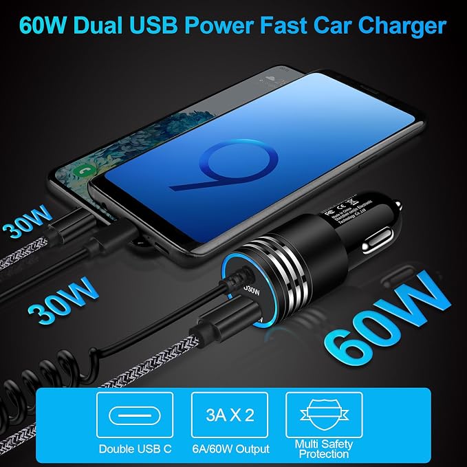 for iPhone 17e 17 Car Charger, 60W USB C Fast Car Adapter with 3FT Built-in Coiled USB C Fast Charging Cable for iPhone 17e 17 Pro Max 17 Pro Air 16e 16 Pro Max 16 Plus 15,Samsung Galaxy S26 A17 A56