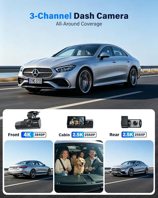 4K+2.5K+2.5K Dash Cam, STARVIS 2 Dash Camera 3-Channel, Free 64GB Card, Dashcam with 5G WiFi GPS, G-Sensor,Loop Recording, HDR, 24H Parking Monitor, Car Dash Cam for Rideshare & Taxi