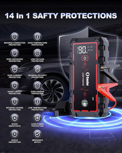 Jump Starter, Battery Jumper Starter Portable, Car Battery Jump Starter with 3 Modes Flashlight, Compass, Power Bank and Jumper Cable