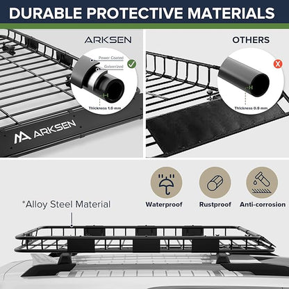 ARKSEN 64" x 39" Roof Rack Cargo Basket with Extension, 150 lbs Heavy Duty Rooftop Carrier, Car Top Luggage Holder for SUV Truck Car, Includes 21.5 Cu Ft Waterproof Cargo Bag for Travel Camping