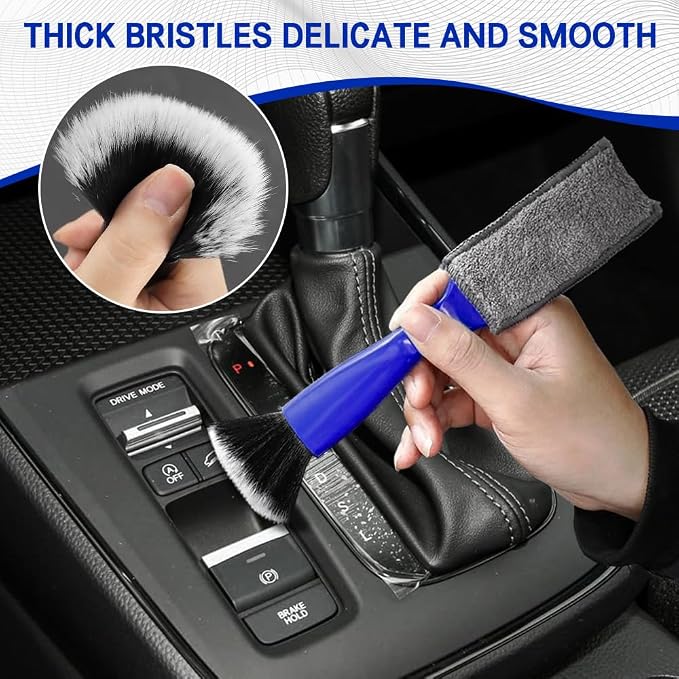 Car Double Head Clean Brush, Car Brushes for Detailing Interior, Double Head Automotive Interior Cleaner Detail Brushes, Car Dust Detailing Brush for Air Vents Dashboard Screen (Blue)