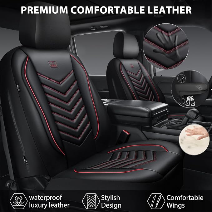 CAR PASS 3D Foam Faux Leather Seat Covers Full Set, Red Waterproof Leather Seat Cover for Cars,Luxury Universal Fit for SUV Truck Sedan Automotive,Armrest Airbag Compatible Anti-Slip,Black and Red
