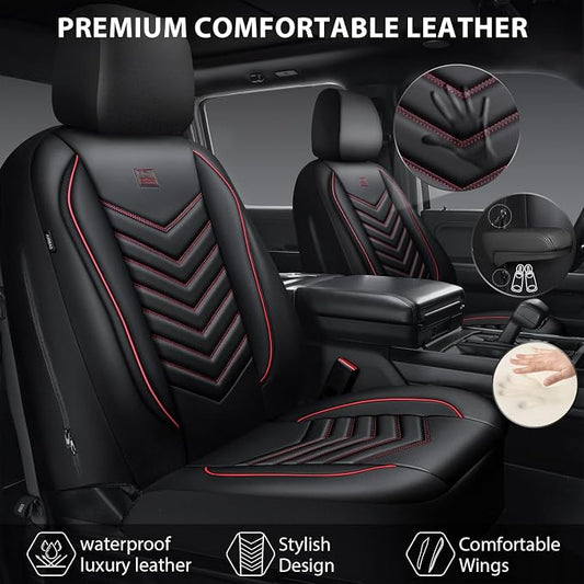 CAR PASS 3D Foam Faux Leather Seat Covers Full Set, Red Waterproof Leather Seat Cover for Cars,Luxury Universal Fit for SUV Truck Sedan Automotive,Armrest Airbag Compatible Anti-Slip,Black and Red