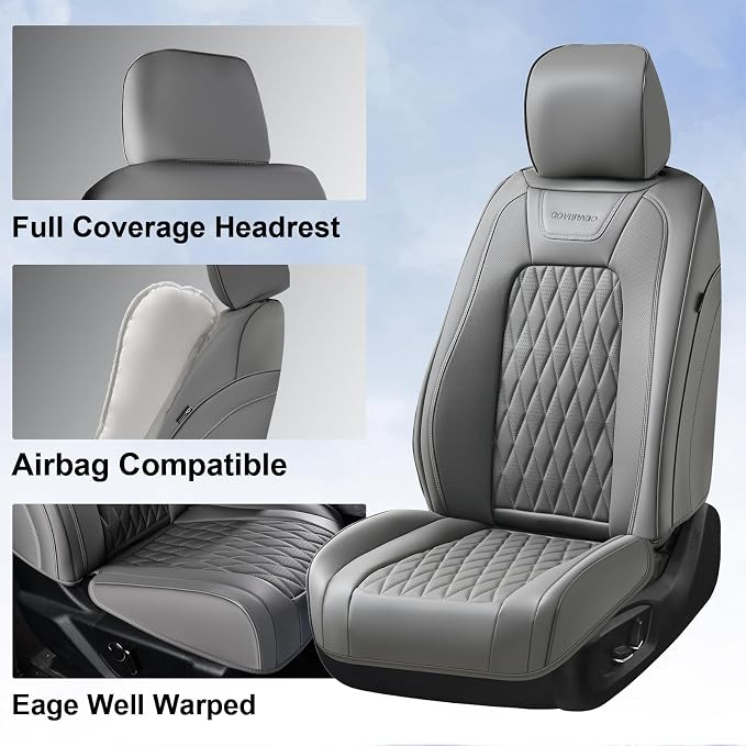 Coverado Leather Car Seat Cover, Custom Fit for Ford F150 Seat Covers, Ford F150 Truck Seat Covers Waterproof Fit for 2015-2026 F150 & 2017-2026 F250 F350 F450 Gray - Front Pair