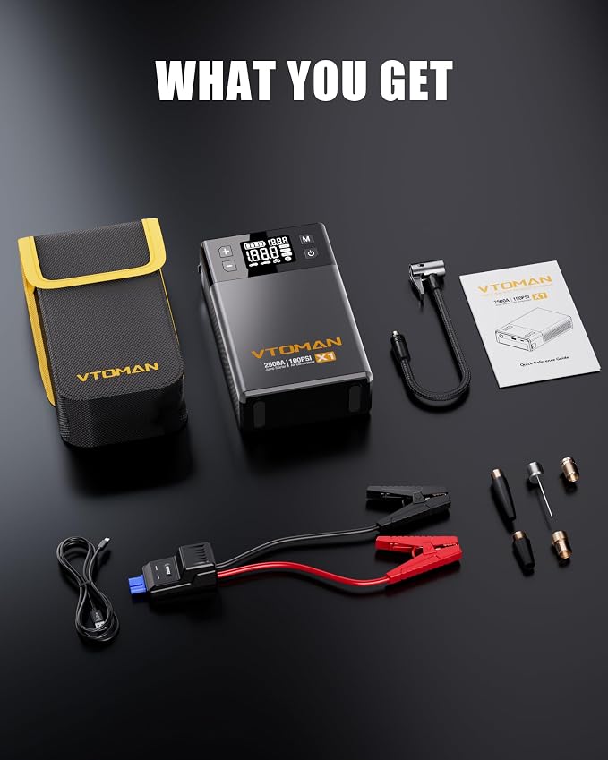 VTOMAN X1 Jump Starter with Air Compressor, Car Battery Jumper Starter (2500A, Up to 8.5L Gas/6L Diesel Engine) with 150PSI Auto Tire Inflator, 12V Portable Booster Pack, Lithium Jump Box Charger-Gray