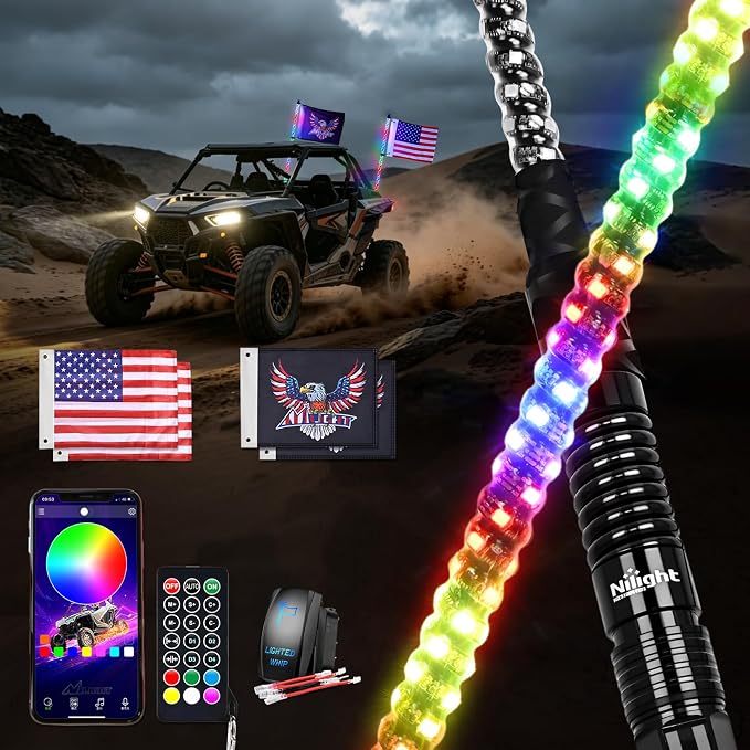 Nilight LED Whip Light 2PC 3FT Spiral RGB Antenna Whips with Spring Base, App/Remote Control DIY Chasing Patterns Brake & Reverse Turn Signal Lights for Side by Side ATV UTV RZR Can-Am Buggy Jeep