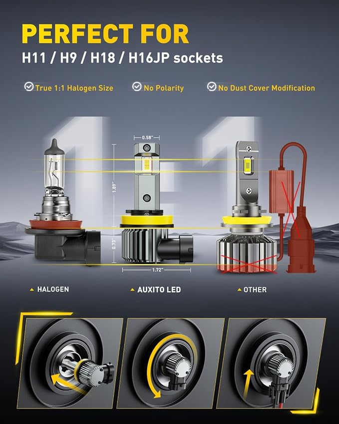 AUXITO 80,000LM H11/H8 LED Switchback Bulbs, 1:1 Mini Size H11 LED Fog Light Bulbs, 6500K & 3000K Dual Color Driving Lamps, No Polarity Plug-and-Play, 60,000H Lifetime
