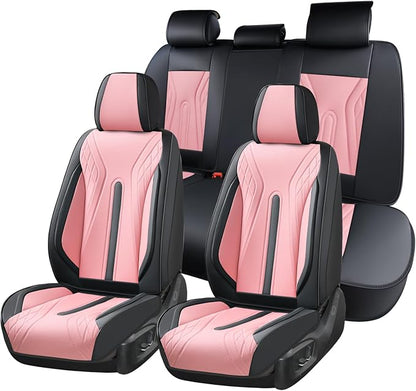 Huidasource Black n Pink Seat Covers, Universal Fit for Most Cars SUV Trucks, Full Coverage Nappa Leather Seat Cover, Airbag, Cupholder Compatible, Velcro Adjustable, Seat Function Retain, Black&Pink