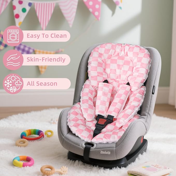 Infant Car Seat Insert Cushion, Baby Car Seat Head Body Support for Girls & Boys, Reversible Newborn Car Seat Insert with 2 Extra Strap Paddings, Premature Car Seat Cushion, Pink Checkerboard