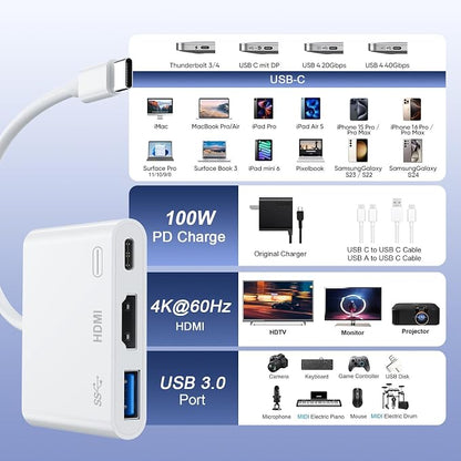 MTAKYI 100W USB C to HDMI Adapter Upgraded Wireless Carplay and Android Auto Dongle Support Netflix/YouTube, CarPlay Ai Box with USBA-C and USBC-C Cable for iPhone Android