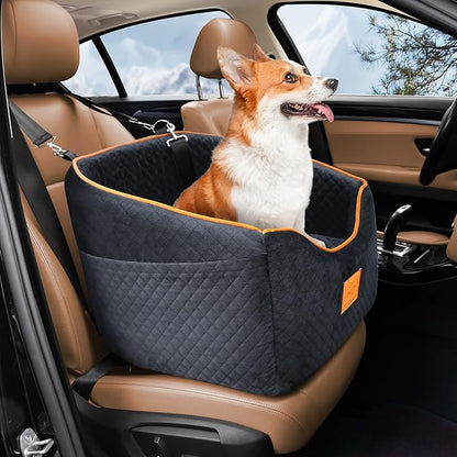 XIEEAOZEE Dog Car Seat for Small Dogs, Memory Foam Booster Dog Seat for Dogs up to 35 lbs, Elevated Pet Car Seat with Washable Removable Cover, Storage Pockets (Black)