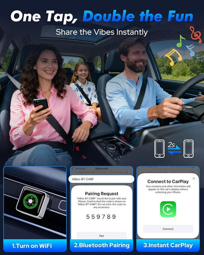 2-in-1 Wireless CarPlay Adapter - 1-Click Multi-Device Switch for Apple iPhone, 3s Auto-Connect, CarPlay & Android Auto, iOS 10+/Android 11+, Multi-User Seamless Connection, OTA Upgrade