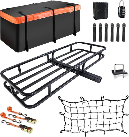 Hitch Mount Cargo Carrier Basket 53"*19"*5"+Waterproof Bag 9 Cubic Feet(51"*17"*18"),and Cargo Net with Attachment Hooks,Ratchet Straps,Hitch Stabilizer.500 Lbs Capacity,fit 2" Receiver