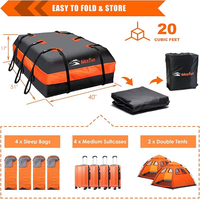 Car Roof Bag XBEEK Rooftop top Cargo Carrier Bag 20 Cubic feet Waterproof for All Cars with/Without Rack, Includes Anti-Slip Mat, 10 Reinforced Straps, 6 Door Hooks, Luggage Lock