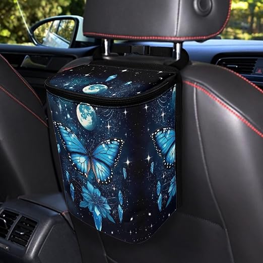 Butterfly Floral and Moon Pattern Car Trash Can with Lid and Zipper Portable Foldable Trash Bin for Car Interior Accessories Multipurpose Garbage Can Bags Storage Organizer