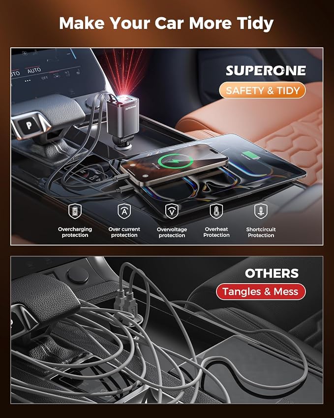SUPERONE Retractable Car Charger, 69W Car Charger Adapter for iPhone 17 USB C Charger Fast Charging with Starry Light, Car Accessories Compatible with iPhone 17/16/15/14/13/12, iPad, Android, Pixel