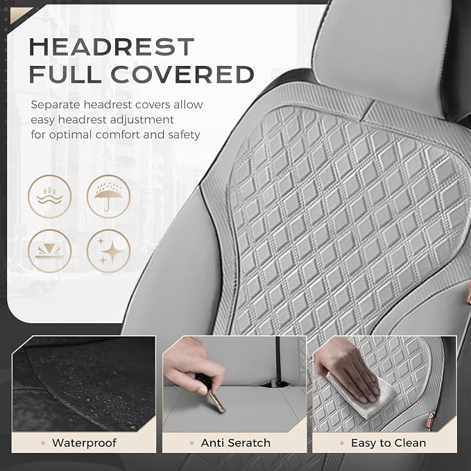Coverado Car Seat Covers 5 Seats, Luxury Diamond Leather Seat Covers Full Set, Carbon Fiber Textured Design, Durable Waterproof Seat Protectors, Automotive Seat Covers Universal Fit Most Cars, Gray