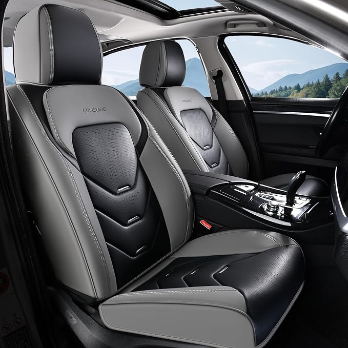 Coverado Car Seat Covers Full Set, Gray&Black Leather Seat Covers, Front and Back Seat Cover for Car, Waterproof Car Seat Protector, Car Seat Cushion Automotive Seat Covers Universal Fit for Most Cars