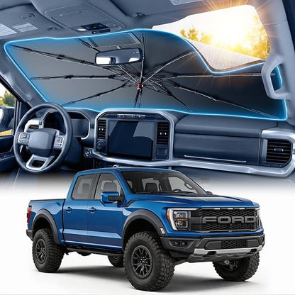 for Ford F150/250/350/450 Windshield Sun Shade Umbrella [10-Rib Anti-Sagging, 100% Full Cab UV Block] Custom Fit Foldable Sunshade with Fast Storage Bag, for Ford F150/250/350/450 (2015-2025)