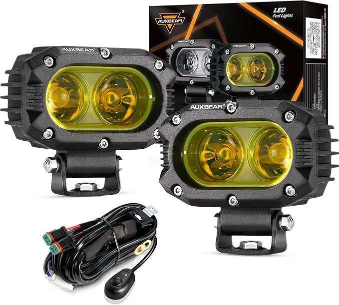 Auxbeam 4 Inch LED Amber Pod Light, 60W Driving Yellow Flood Beam Square Pod Fog Lights with DT Wiring Harness for Motorbike SUV ATV Truck Jeep Boat Tractor Forklift (2 Pcs)