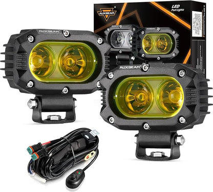 Auxbeam 4 Inch LED Amber Pod Light, 60W Driving Yellow Flood Beam Square Pod Fog Lights with DT Wiring Harness for Motorbike SUV ATV Truck Jeep Boat Tractor Forklift (2 Pcs)
