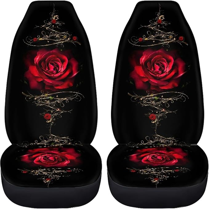 Red Rose Car Seat Covers Full Set,Vintage Floral Decorative Flower Print Vehicle Front Rear Bench Cushion Protectors for Women Men Auto Interior Accessories Universal Fit for Trucks Sedans