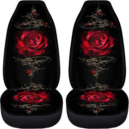 Red Rose Car Seat Covers Full Set,Vintage Floral Decorative Flower Print Vehicle Front Rear Bench Cushion Protectors for Women Men Auto Interior Accessories Universal Fit for Trucks Sedans
