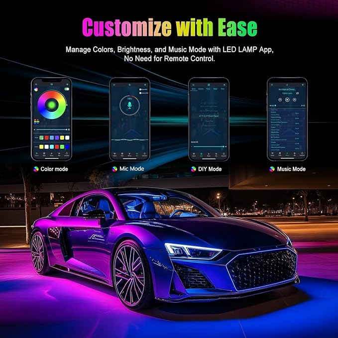 2 Pack Car LED Lights Interior, Ambient Lighting Car with Smart APP Control, Multicolor Interior LED Lights with Music Mode for Truck Jeep SUV, DC 12V