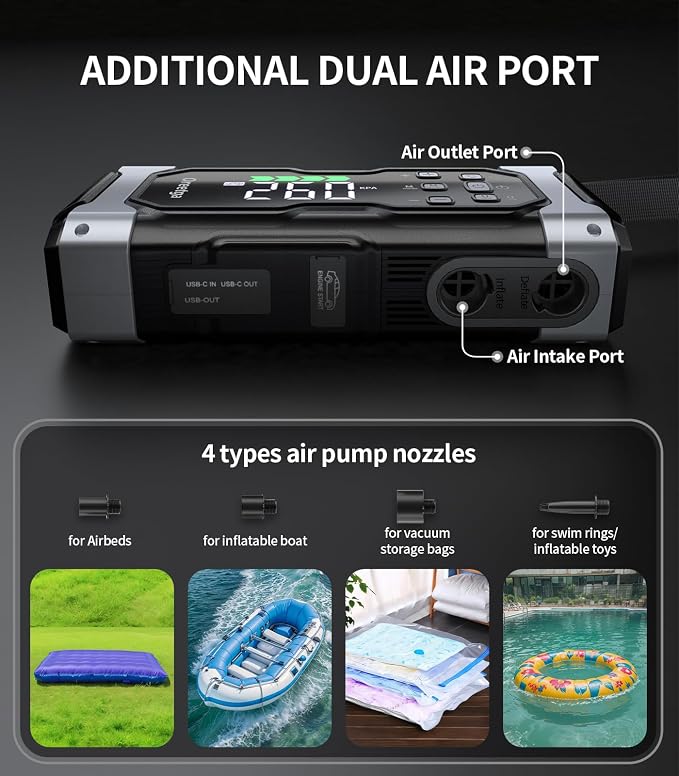 Upgraded 9000A Car Jump Starter with Air Inflator/Deflator Compressor, 9 in 1 Portable Jumper Box Power Pack Charger (All Gas/14L Diesel) Combo Cordless Air Pump for Tire Inflator & Large LCD Screen