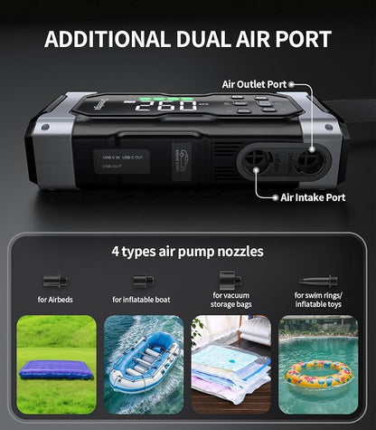 Upgraded 9000A Car Jump Starter with Air Inflator/Deflator Compressor, 9 in 1 Portable Jumper Box Power Pack Charger (All Gas/14L Diesel) Combo Cordless Air Pump for Tire Inflator & Large LCD Screen