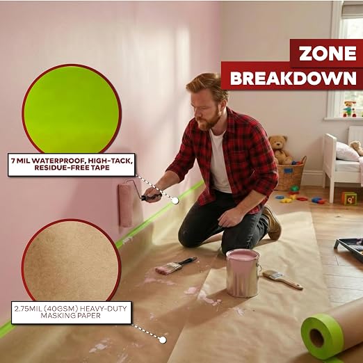 XFasten Pre Taped Masking Paper for Painting 12 Inches x 50 Feet Single Roll Thick Painters Paper with Tape for Cars, Walls, Auto Body — Thick Kraft, Clean Removal Painters Drape with Tape