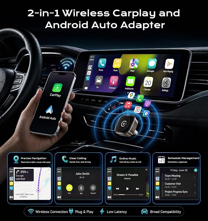 Wireless CarPlay/Android Auto Adapter, 2-in-1 USB-C/A Carplay Adapter | Convert Wired to Wireless; Plug and Play