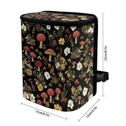 Retro Mushroom Daisy Flower Pattern Car Trash Can with Lid and Zipper Portable Foldable Trash Bin for Car Interior Accessories Multipurpose Garbage Can Bags Storage Organizer