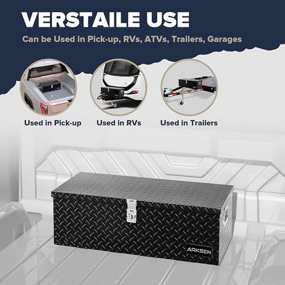 ARKSEN 30 x 13 x 10 Inch Diamond Plate Truck Bed Tool Box, Heavy Duty Waterproof Aluminum Toolboxes Storage Chest with Side Handle & Lock for Pickup Truck Bed, RV & Trailer – Black