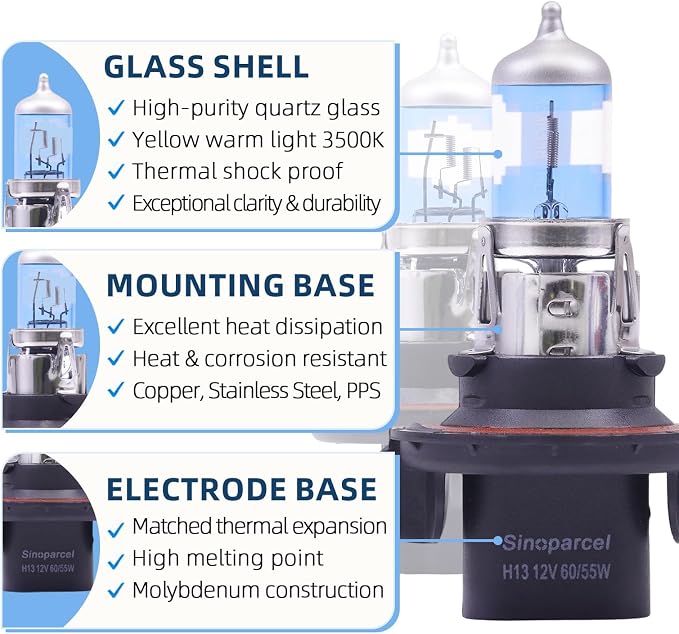 Sinoparcel H13/9008 Halogen Headlight Bulb, Brighter & Longer Life, Fit Hi/Lo Beam of Wrangler 07‑20, E‑350/F250/F350 Super Duty 21-23, Sentra 04‑12, Soul 14‑19,Yukon 07‑14,12V 60/55W Bulb, 2 Pcs