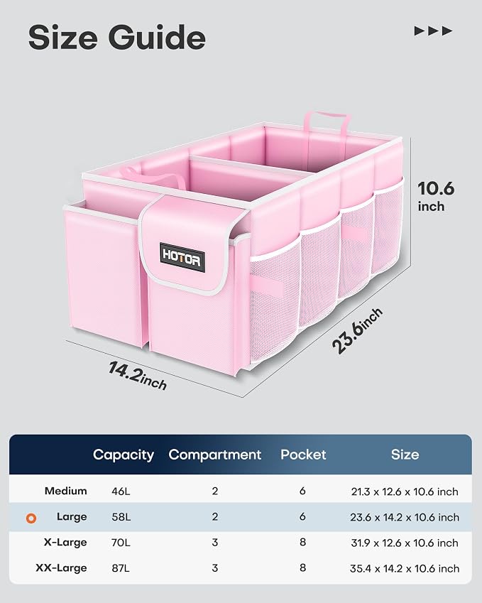 HOTOR Trunk Organizer for Car - Car Organizer, Foldable Trunk organizer for SUVs & Sedans, Sturdy Organization for Car Accessories, Tools, Sundries, Pink, 2 Compartments, 23.6"×14.2"×10.6"
