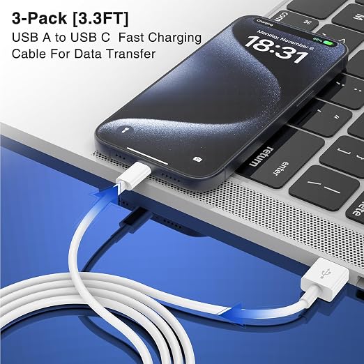 Car Carplay Cable USB to USB C Cable for iPhone 16 15 Pro Plus Pro Max，3-Pack 3.3FT USB A to USB C Cable for iPad Pro/Air/Mini，for Samsung S24/S23/S22/S21，for MacBook Pro/Air and More