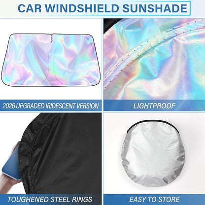 Iridescent Sun Shade for Car Windshield, Foldable Windshield Sun Shade, Universal Car Sun Shade Windshield, Upgrade Cover Sunshade Enhanced UV Rays Reflective Sun Visor Shade Keeps Vehicle Cool