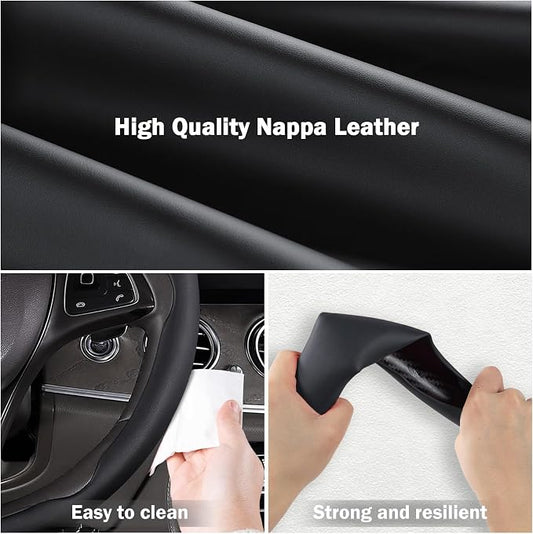 Nappa Leather Car Steering Wheel Cover for Men Women, Ultra-Thin Non-Slip Breathable Microfibre, Universal for 14.5"-15" Steering Wheel - Leather Black