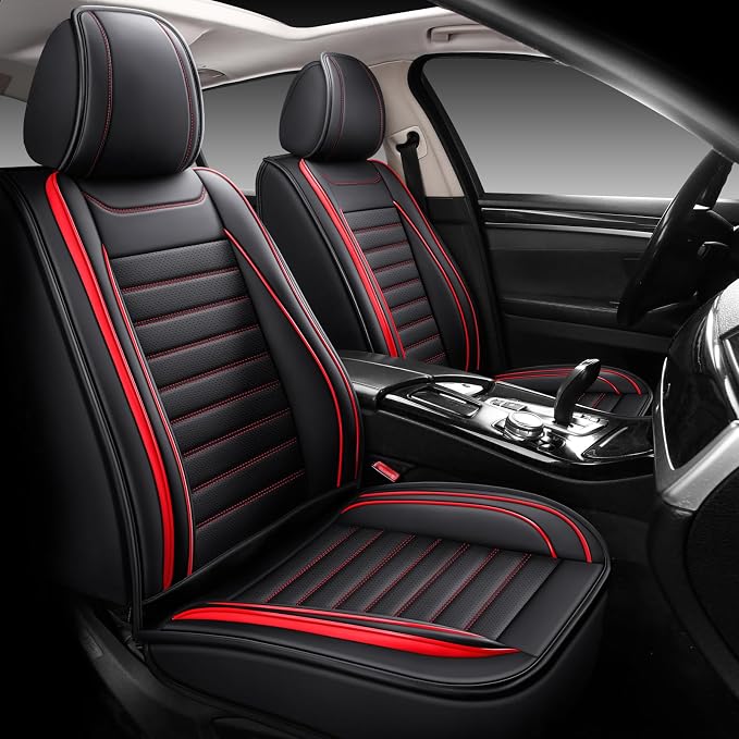 MINGBRON Leather Car Seat Covers Full Set, Universal Faux Leather Car Seat Covers 5 Seats, Automotive Seat Covers for Most Sedans SUVs Trucks, Front and Rear Seat Covers,Wine Red