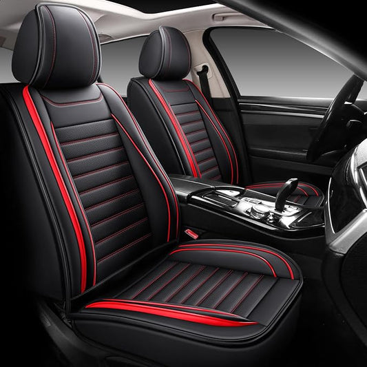 MINGBRON Leather Car Seat Covers Full Set, Universal Faux Leather Car Seat Covers 5 Seats, Automotive Seat Covers for Most Sedans SUVs Trucks, Front and Rear Seat Covers,Wine Red