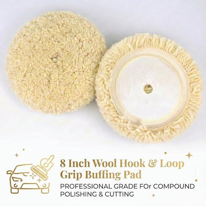 Woolous Wool Buffing Pad 8 inch Single Sided Polishing 100% Twisted Lamb Wool Polishing Buffing Compound Pad Wheel Bonnet with Hook and Loop for Auto Car Detailing | 100% lamb wool pad for polishing, cutting, compounding and buffing cars, boats, trucks...