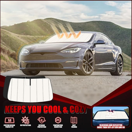 Windshield Sun Shade for Tesla Model S 2012-2026, Front Window Visor Accessories, Folding Design Blocks Heat & UV Rays Maintain Cool Interior and Save Space