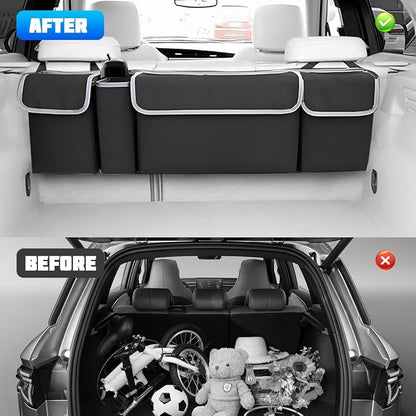 Car Trunk Organizer with Lid, Large Waterproof Vehicle Backseat Hanging Storage Bag with 4 Pockets & Adjustable Straps, Collapsible Automotive Interior Cargo Bag, Universal Fit (Black)