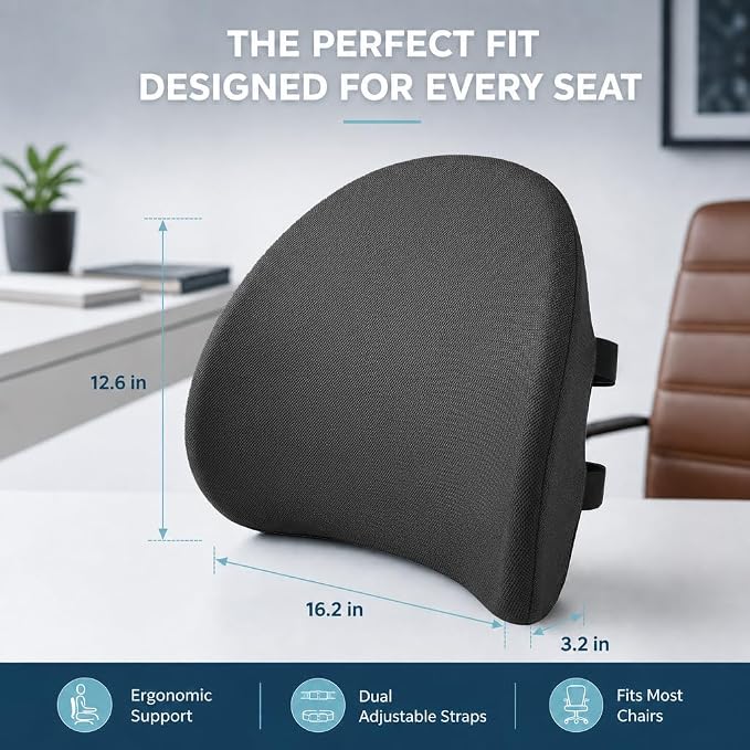 Lumbar Support Pillow for Office Chair & Car Seat, All-Season Memory Foam for Lower Back Pain Relief, Non-Slip Back Cushion with Dual Straps for Desk Workers & Drivers, Black