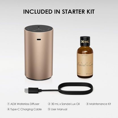 Waterless Essential Oil Diffuser Starter Kit with 30mL Santal Lux Fragrance Oil Inspired by Luxury Hotel Scent for Home Car Office, Aroma Air Diffuser, Baterry Operated, ADX-Kit Metal Desert Titanium