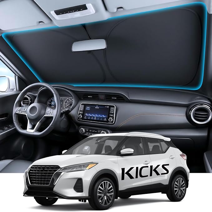 for Nissan Kicks Windshield Sunshade [OEM Design, 100% Sun Blockage] Foldable Heat Insulation Sun Shade with Storage Bag, for Nissan Kicks (2018-2026), Silver Coating